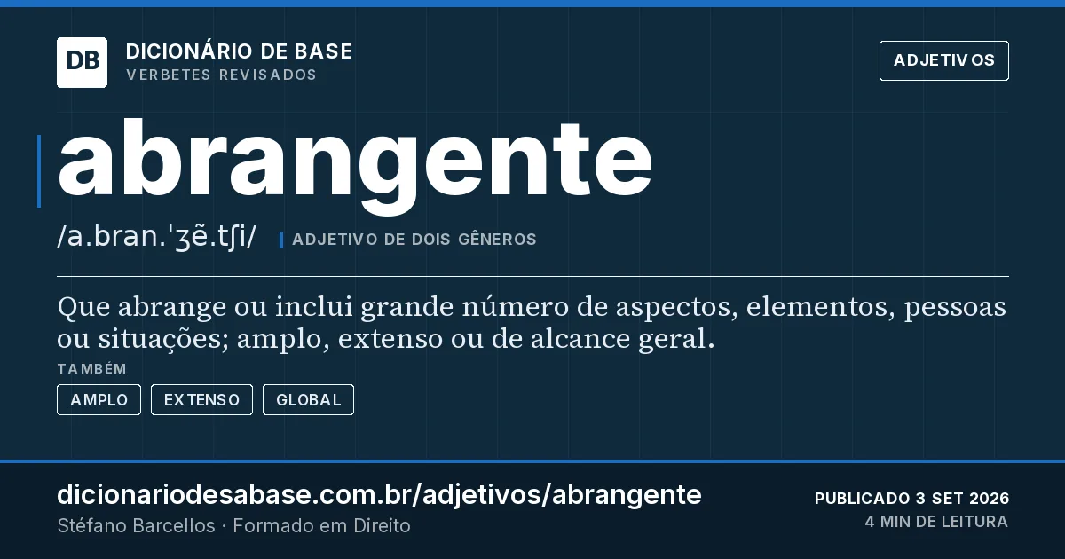 Cartão do verbete abrangente: Que abrange ou inclui grande número de aspectos, elementos, pessoas ou situações; amplo, extenso ou de alcance geral.