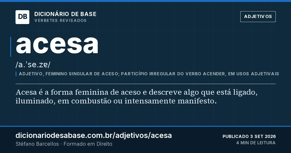 Cartão do verbete acesa: Acesa é a forma feminina de aceso e descreve algo que está ligado, iluminado, em combustão ou intensamente manifesto.