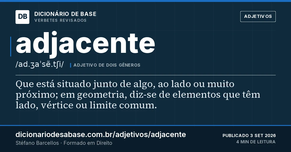 Cartão do verbete adjacente: Que está situado junto de algo, ao lado ou muito próximo; em geometria, diz-se de elementos que têm lado, vértice ou…