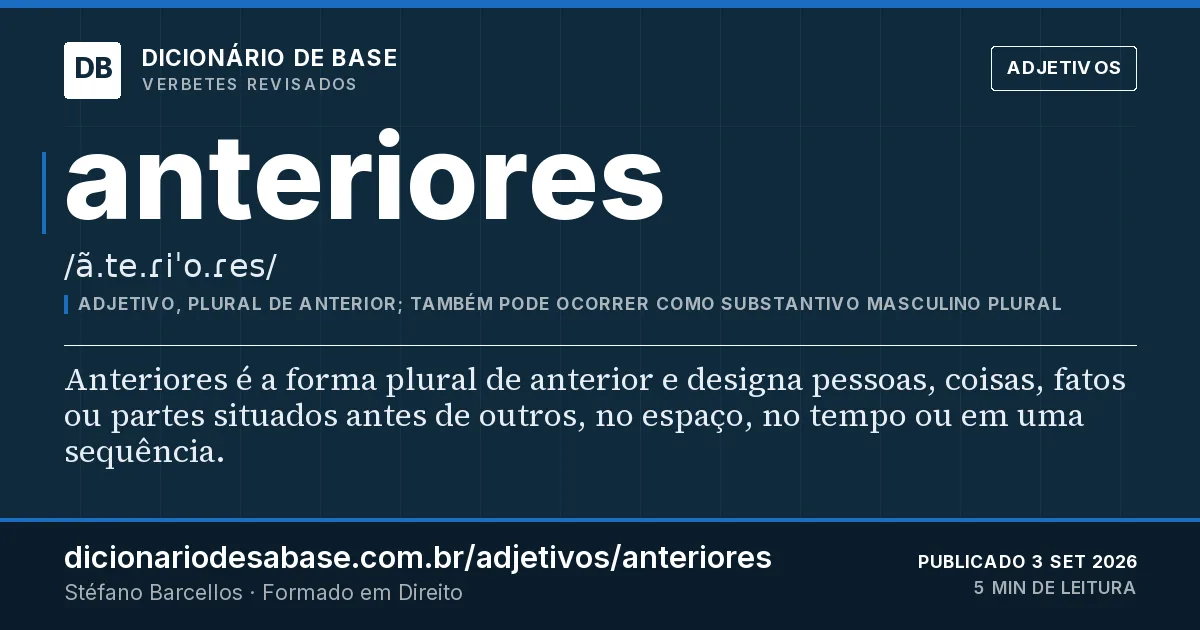 Cartão do verbete anteriores: Anteriores é a forma plural de anterior e designa pessoas, coisas, fatos ou partes situados antes de outros, no espaço…