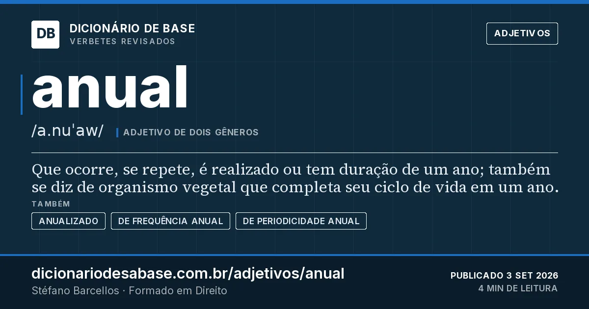 Cartão do verbete anual: Que ocorre, se repete, é realizado ou tem duração de um ano; também se diz de organismo vegetal que completa seu ciclo…
