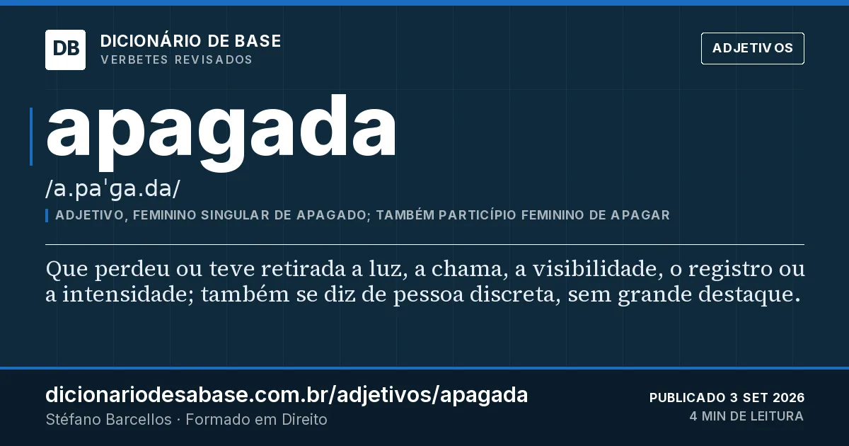 Cartão do verbete apagada: Que perdeu ou teve retirada a luz, a chama, a visibilidade, o registro ou a intensidade; também se diz de pessoa…