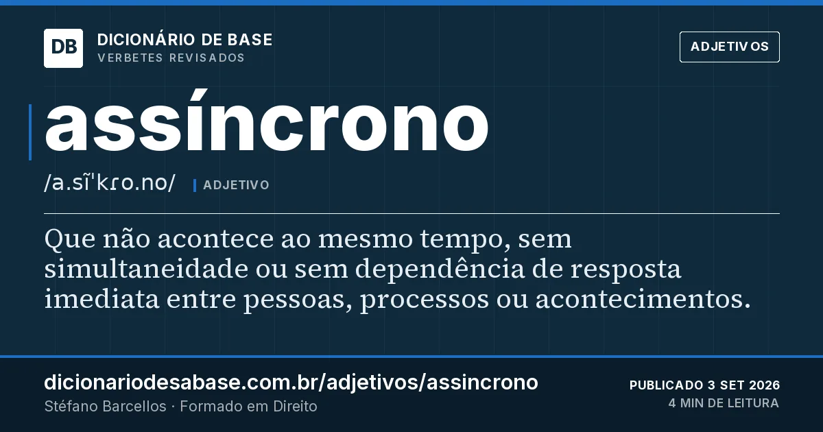 Cartão do verbete assíncrono: Que não acontece ao mesmo tempo, sem simultaneidade ou sem dependência de resposta imediata entre pessoas, processos ou…