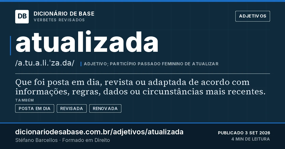 Cartão do verbete atualizada: Que foi posta em dia, revista ou adaptada de acordo com informações, regras, dados ou circunstâncias mais recentes.