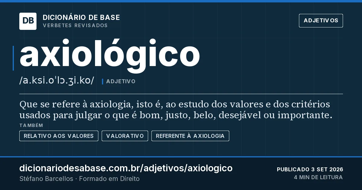 Cartão do verbete axiológico: Que se refere à axiologia, isto é, ao estudo dos valores e dos critérios usados para julgar o que é bom, justo, belo…