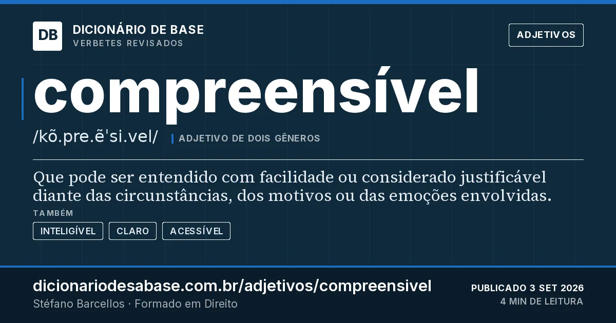 Cartão do verbete compreensível: Que pode ser entendido com facilidade ou considerado justificável diante das circunstâncias, dos motivos ou das emoções…