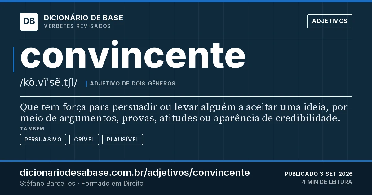 Cartão do verbete convincente: Que tem força para persuadir ou levar alguém a aceitar uma ideia, por meio de argumentos, provas, atitudes ou aparência…