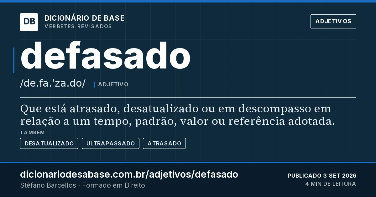 Cartão do verbete defasado: Que está atrasado, desatualizado ou em descompasso em relação a um tempo, padrão, valor ou referência adotada.