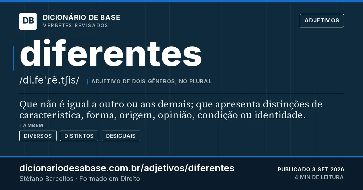 Cartão do verbete diferentes: Que não é igual a outro ou aos demais; que apresenta distinções de característica, forma, origem, opinião, condição ou…