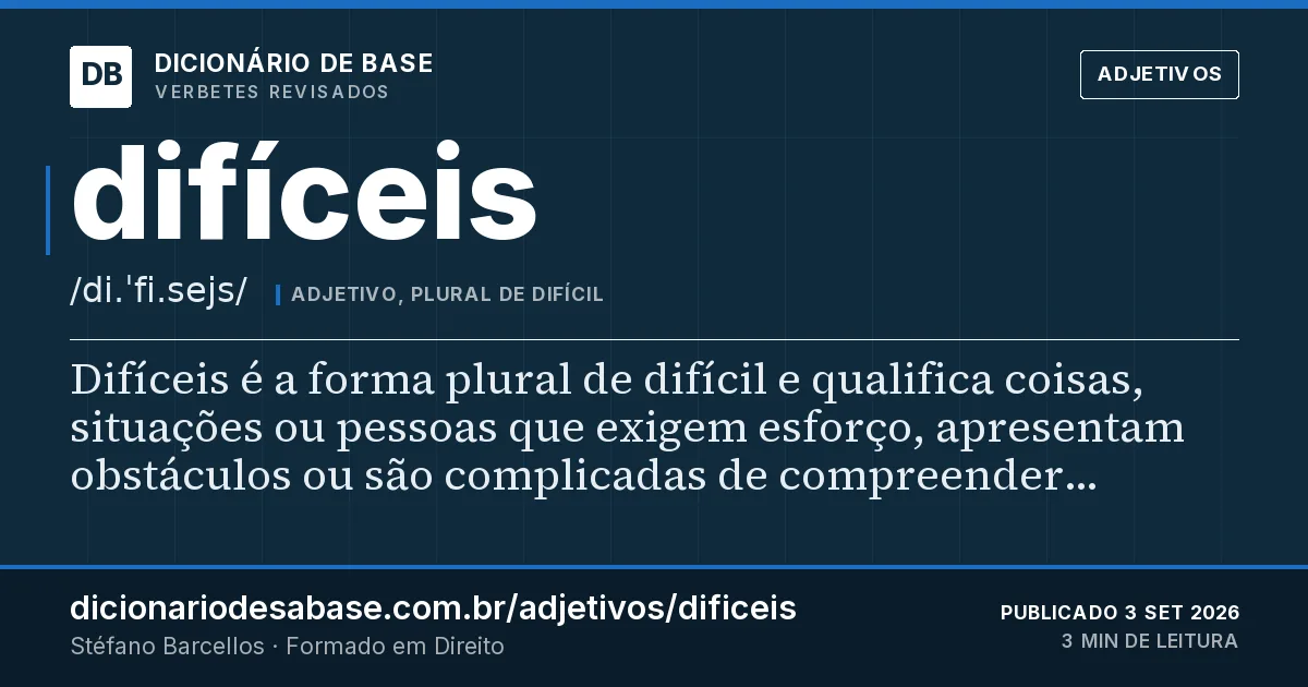 Cartão do verbete difíceis: Difíceis é a forma plural de difícil e qualifica coisas, situações ou pessoas que exigem esforço, apresentam obstáculos…