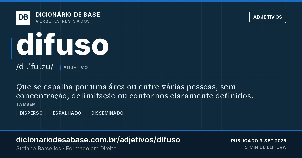 Cartão do verbete difuso: Que se espalha por uma área ou entre várias pessoas, sem concentração, delimitação ou contornos claramente definidos.