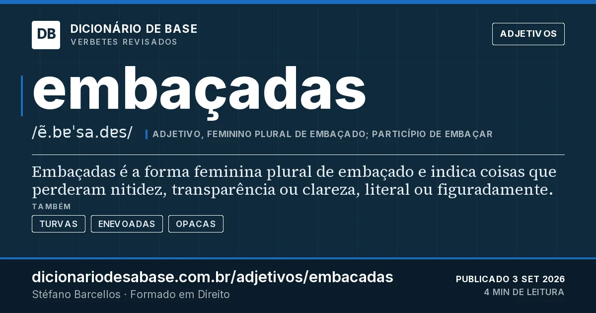 Cartão do verbete embaçadas: Embaçadas é a forma feminina plural de embaçado e indica coisas que perderam nitidez, transparência ou clareza, literal…