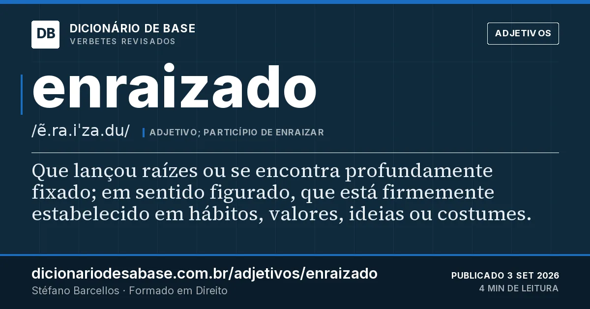 Cartão do verbete enraizado: Que lançou raízes ou se encontra profundamente fixado; em sentido figurado, que está firmemente estabelecido em…