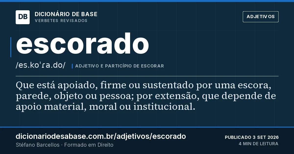 Cartão do verbete escorado: Que está apoiado, firme ou sustentado por uma escora, parede, objeto ou pessoa; por extensão, que depende de apoio…