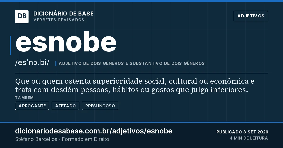 Cartão do verbete esnobe: Que ou quem ostenta superioridade social, cultural ou econômica e trata com desdém pessoas, hábitos ou gostos que julga…