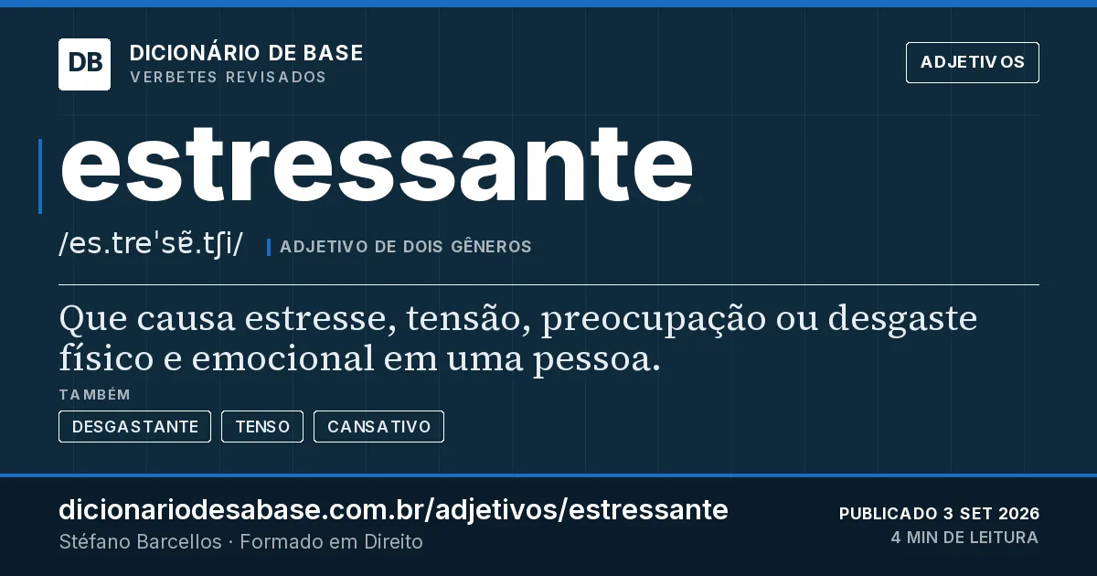 Cartão do verbete estressante: Que causa estresse, tensão, preocupação ou desgaste físico e emocional em uma pessoa.