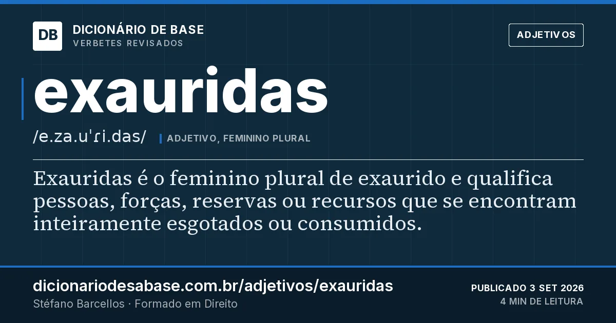 Cartão do verbete exauridas: Exauridas é o feminino plural de exaurido e qualifica pessoas, forças, reservas ou recursos que se encontram…