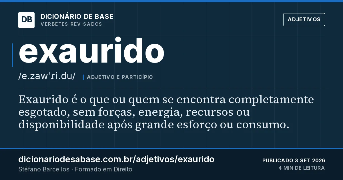 Cartão do verbete exaurido: Exaurido é o que ou quem se encontra completamente esgotado, sem forças, energia, recursos ou disponibilidade após…