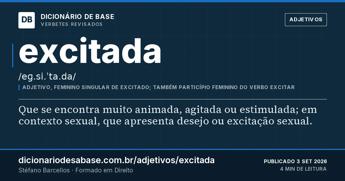 Cartão do verbete excitada: Que se encontra muito animada, agitada ou estimulada; em contexto sexual, que apresenta desejo ou excitação sexual.
