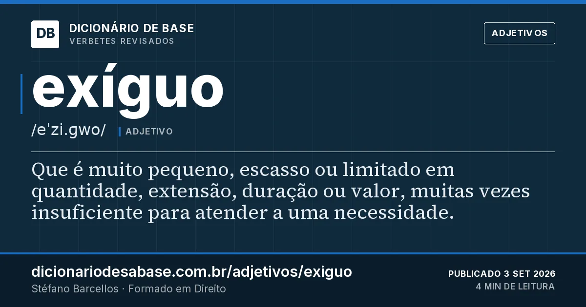 Cartão do verbete exíguo: Que é muito pequeno, escasso ou limitado em quantidade, extensão, duração ou valor, muitas vezes insuficiente para…