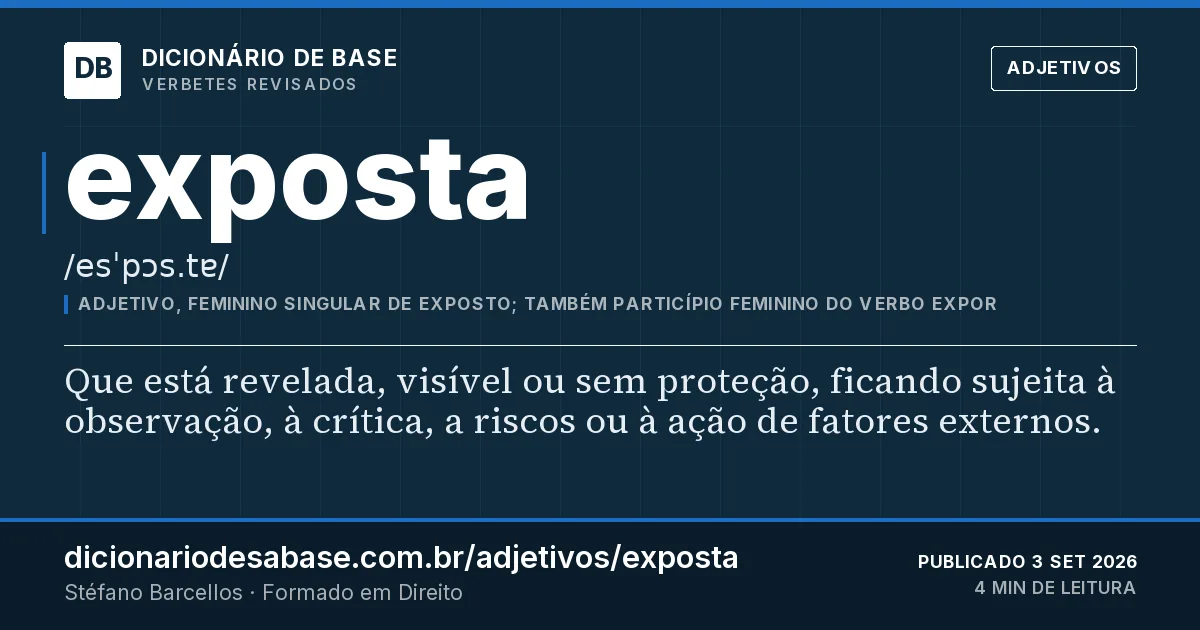 Cartão do verbete exposta: Que está revelada, visível ou sem proteção, ficando sujeita à observação, à crítica, a riscos ou à ação de fatores…