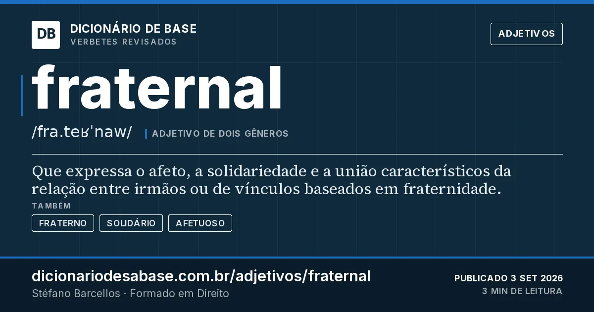 Cartão do verbete fraternal: Que expressa o afeto, a solidariedade e a união característicos da relação entre irmãos ou de vínculos baseados em…