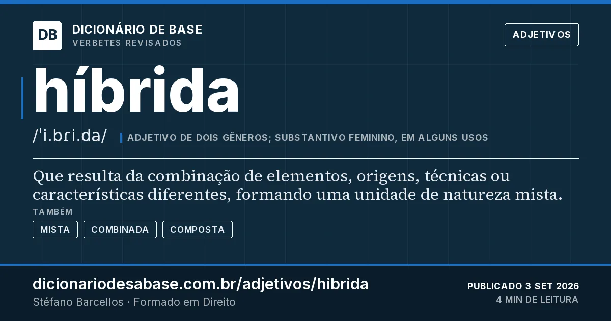 Cartão do verbete híbrida: Que resulta da combinação de elementos, origens, técnicas ou características diferentes, formando uma unidade de…