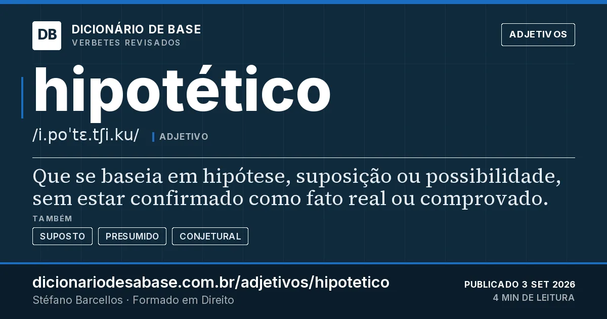 Cartão do verbete hipotético: Que se baseia em hipótese, suposição ou possibilidade, sem estar confirmado como fato real ou comprovado.