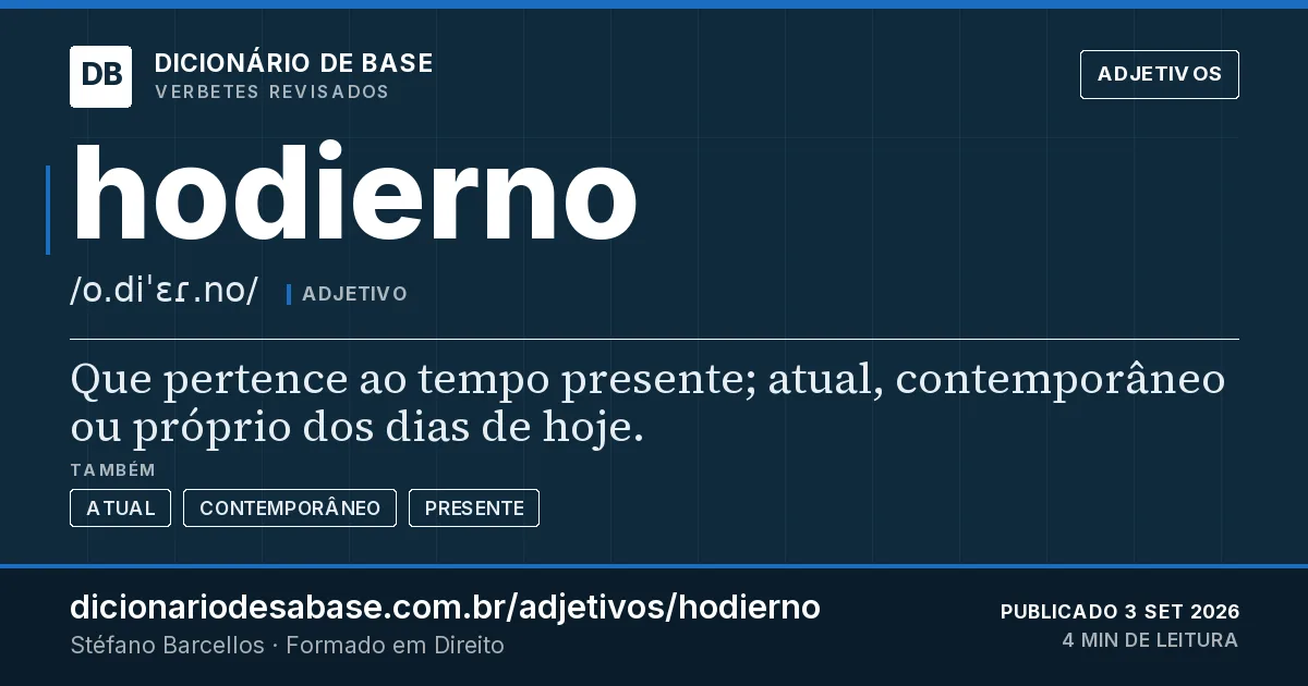 Cartão do verbete hodierno: Que pertence ao tempo presente; atual, contemporâneo ou próprio dos dias de hoje.