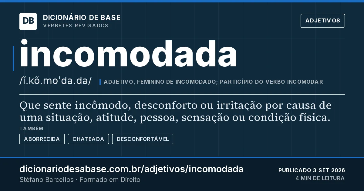 Cartão do verbete incomodada: Que sente incômodo, desconforto ou irritação por causa de uma situação, atitude, pessoa, sensação ou condição física.