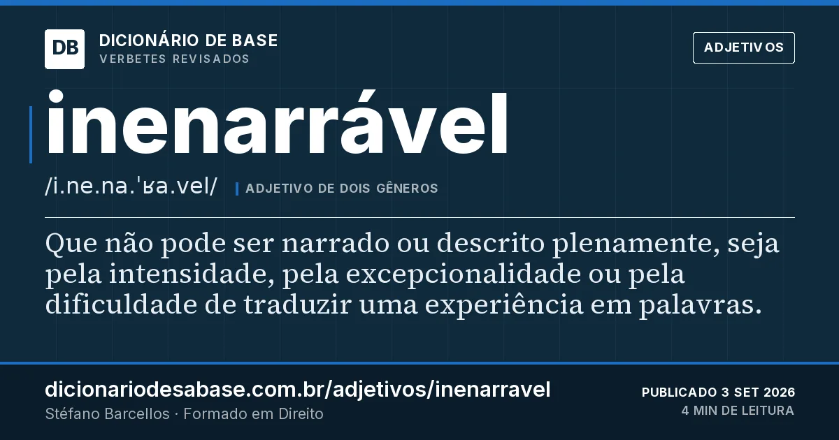 Cartão do verbete inenarrável: Que não pode ser narrado ou descrito plenamente, seja pela intensidade, pela excepcionalidade ou pela dificuldade de…
