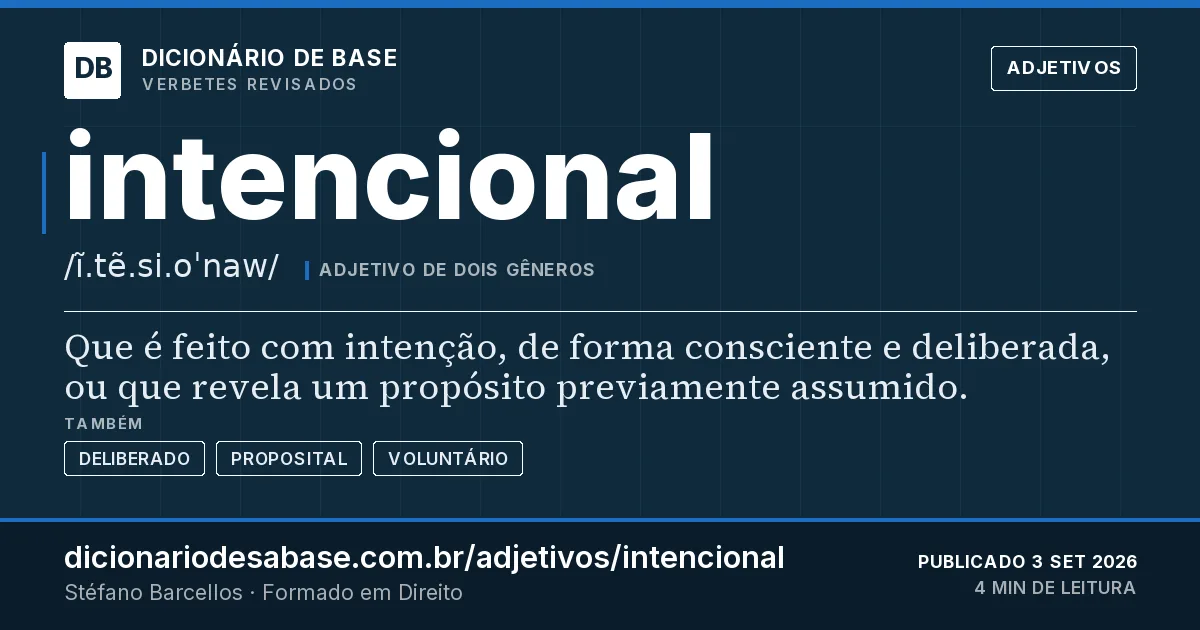 Cartão do verbete intencional: Que é feito com intenção, de forma consciente e deliberada, ou que revela um propósito previamente assumido.