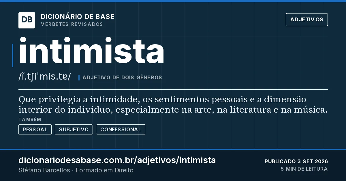 Cartão do verbete intimista: Que privilegia a intimidade, os sentimentos pessoais e a dimensão interior do indivíduo, especialmente na arte, na…