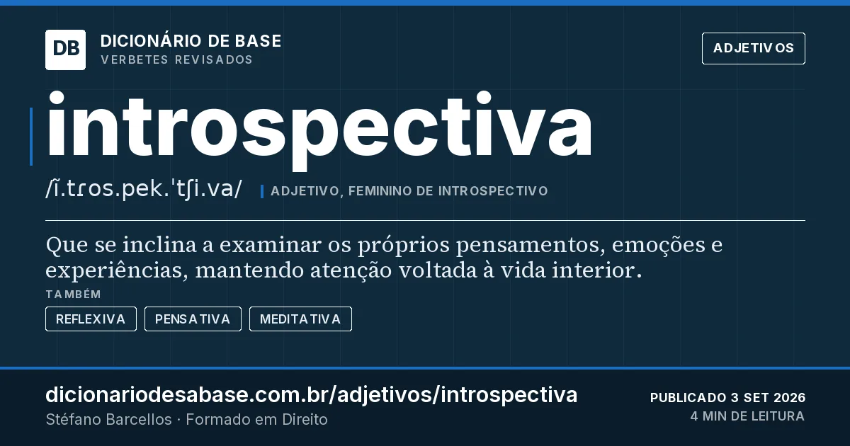 Cartão do verbete introspectiva: Que se inclina a examinar os próprios pensamentos, emoções e experiências, mantendo atenção voltada à vida interior.