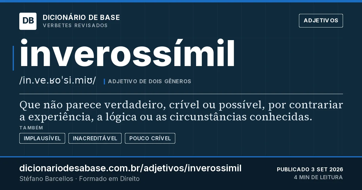 Cartão do verbete inverossímil: Que não parece verdadeiro, crível ou possível, por contrariar a experiência, a lógica ou as circunstâncias conhecidas.