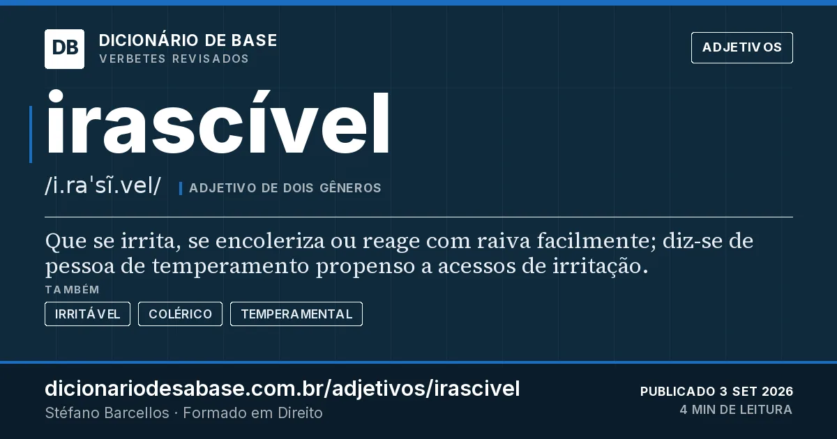 Cartão do verbete irascível: Que se irrita, se encoleriza ou reage com raiva facilmente; diz-se de pessoa de temperamento propenso a acessos de…