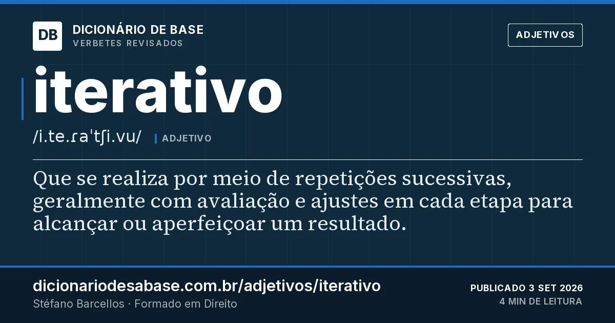 Cartão do verbete iterativo: Que se realiza por meio de repetições sucessivas, geralmente com avaliação e ajustes em cada etapa para alcançar ou…