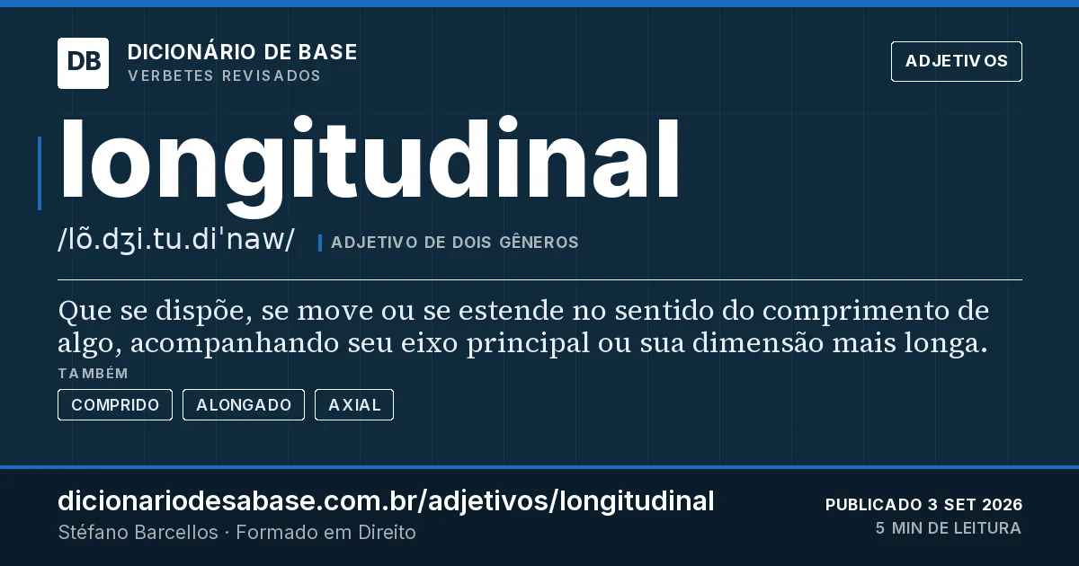 Cartão do verbete longitudinal: Que se dispõe, se move ou se estende no sentido do comprimento de algo, acompanhando seu eixo principal ou sua dimensão…