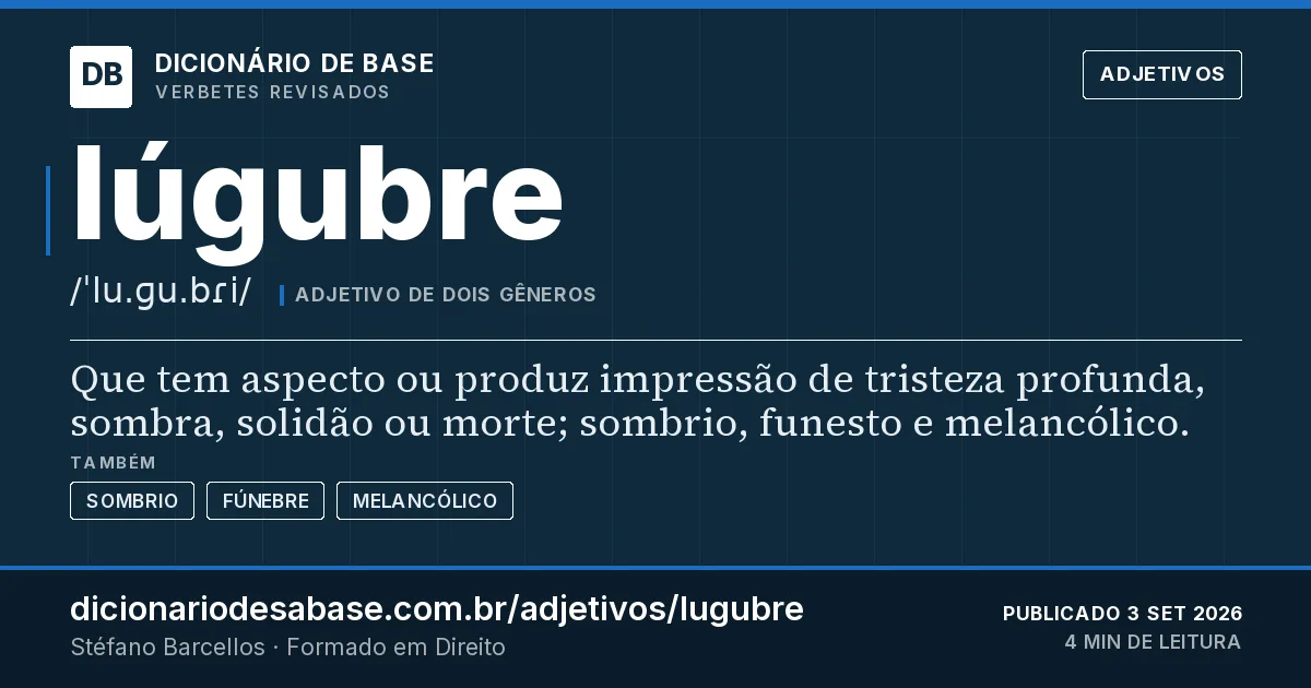 Cartão do verbete lúgubre: Que tem aspecto ou produz impressão de tristeza profunda, sombra, solidão ou morte; sombrio, funesto e melancólico.