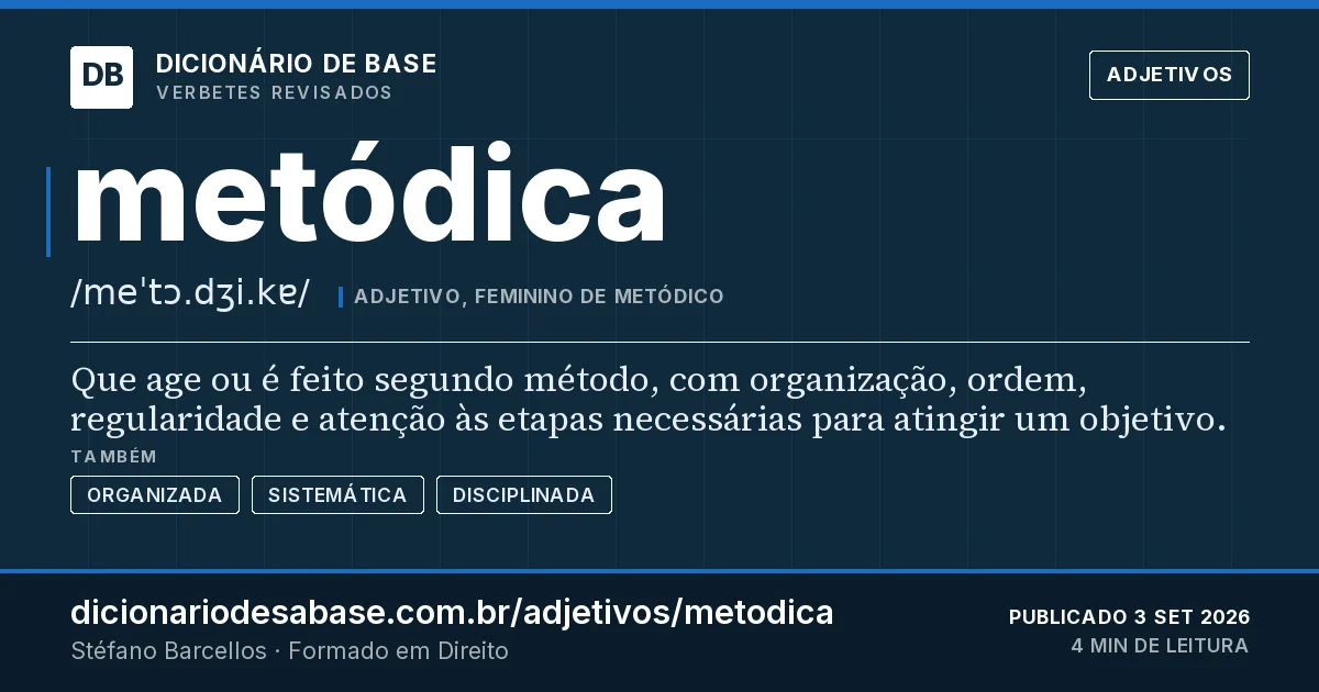 Cartão do verbete metódica: Que age ou é feito segundo método, com organização, ordem, regularidade e atenção às etapas necessárias para atingir um…