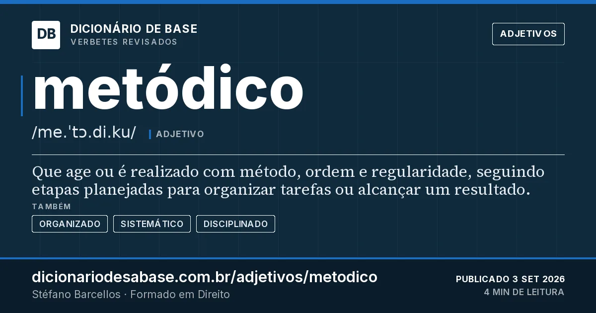 Cartão do verbete metódico: Que age ou é realizado com método, ordem e regularidade, seguindo etapas planejadas para organizar tarefas ou alcançar…