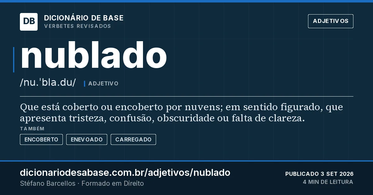 Cartão do verbete nublado: Que está coberto ou encoberto por nuvens; em sentido figurado, que apresenta tristeza, confusão, obscuridade ou falta…