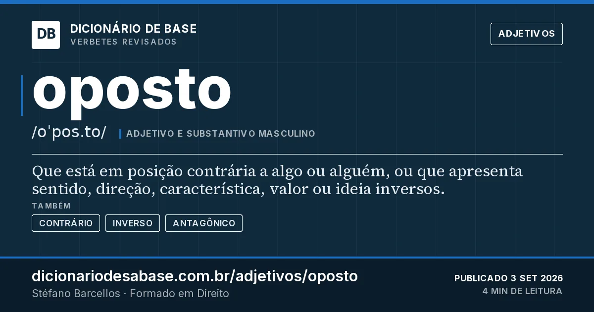 Cartão do verbete oposto: Que está em posição contrária a algo ou alguém, ou que apresenta sentido, direção, característica, valor ou ideia…