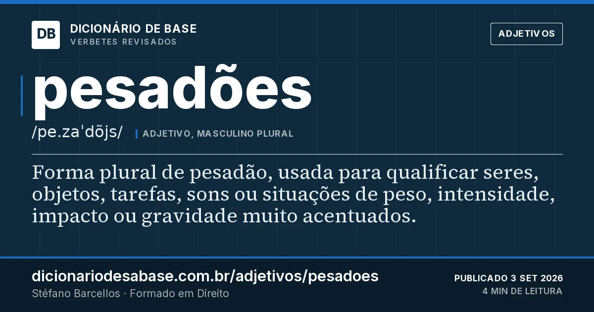 Cartão do verbete pesadões: Forma plural de pesadão, usada para qualificar seres, objetos, tarefas, sons ou situações de peso, intensidade, impacto…