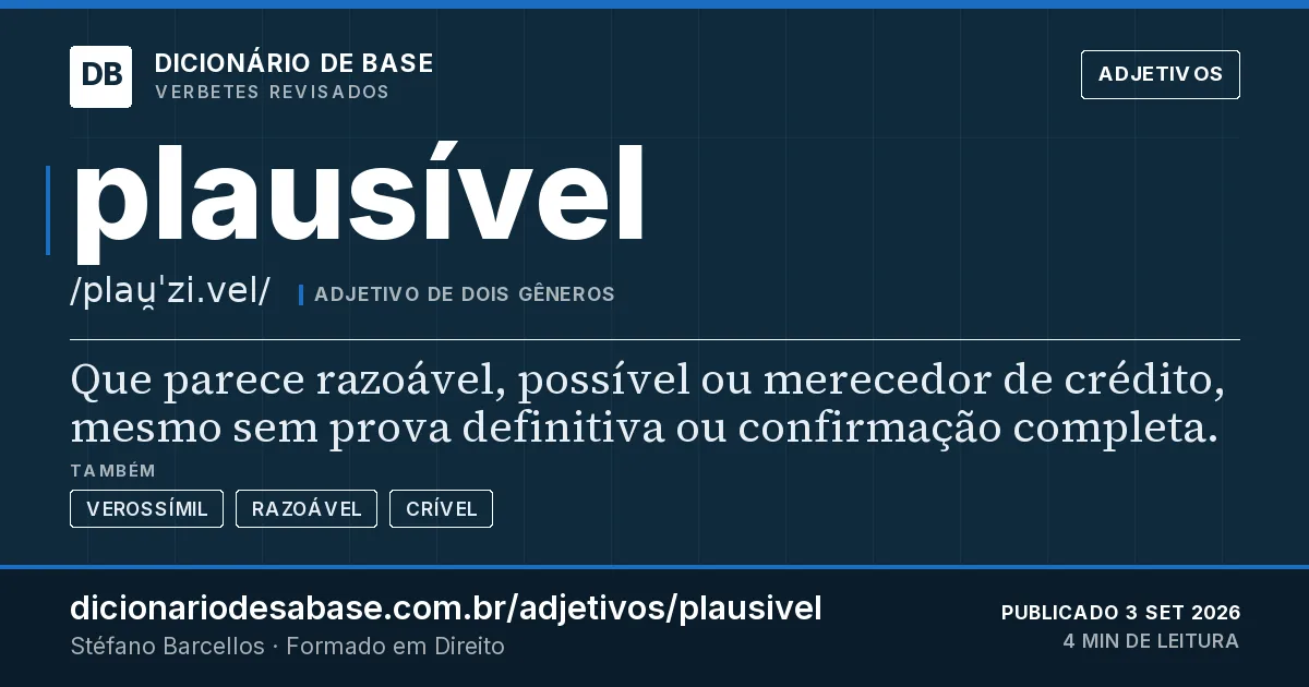 Cartão do verbete plausível: Que parece razoável, possível ou merecedor de crédito, mesmo sem prova definitiva ou confirmação completa.