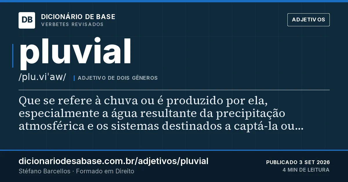 Cartão do verbete pluvial: Que se refere à chuva ou é produzido por ela, especialmente a água resultante da precipitação atmosférica e os sistemas…
