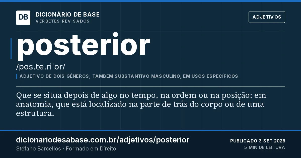 Cartão do verbete posterior: Que se situa depois de algo no tempo, na ordem ou na posição; em anatomia, que está localizado na parte de trás do…