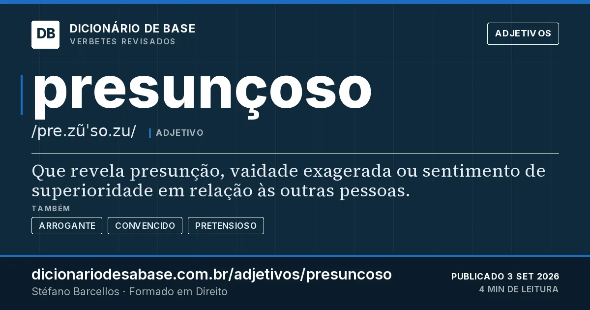 Cartão do verbete presunçoso: Que revela presunção, vaidade exagerada ou sentimento de superioridade em relação às outras pessoas.