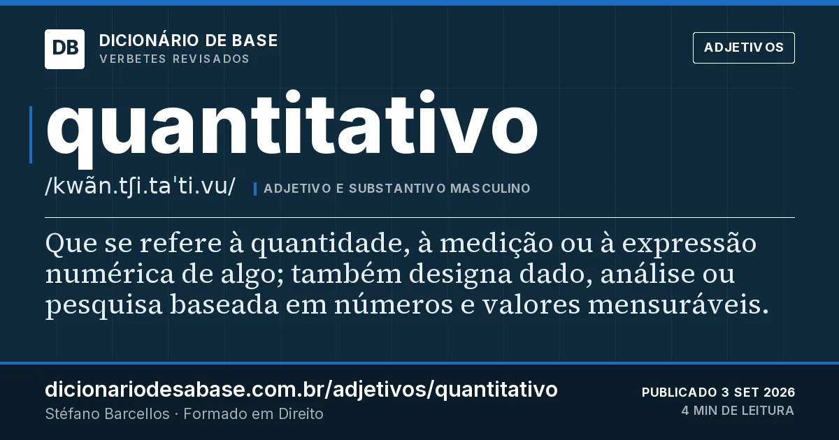 Cartão do verbete quantitativo: Que se refere à quantidade, à medição ou à expressão numérica de algo; também designa dado, análise ou pesquisa baseada…