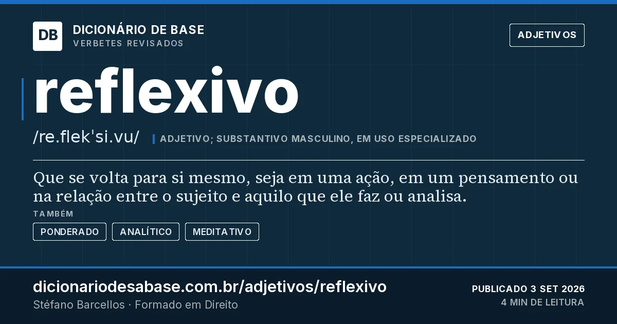 Cartão do verbete reflexivo: Que se volta para si mesmo, seja em uma ação, em um pensamento ou na relação entre o sujeito e aquilo que ele faz ou…